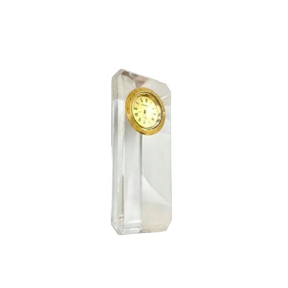 Desk Clock Crystal Cut Glass Paperweight Camry Gold Tone Triangular Column Shape - Picture 3 of 6